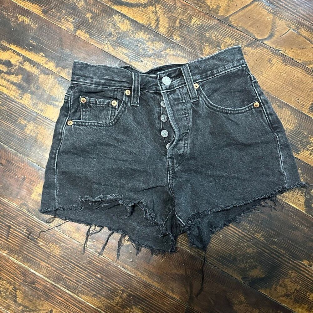Levi 501 black distressed button up cutoff W24 denim shorts